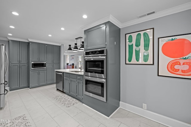 kitchen with gray cabinetry, ornamental molding, stainless steel appliances, and visible vents