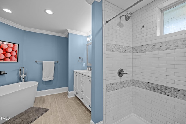 full bathroom featuring crown molding, vanity, recessed lighting, baseboards, and a stall shower