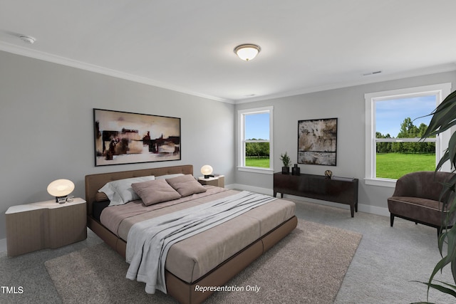 carpeted bedroom with crown molding, multiple windows, and baseboards