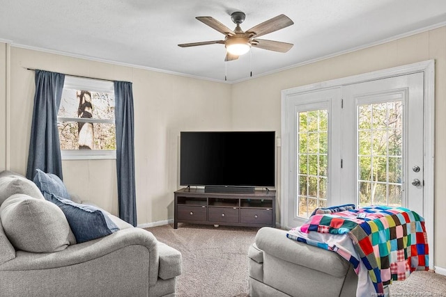 6407 Kimridge Rd, Fayetteville, NC 28314 - living area with a ceiling fan, baseboards, carpet floors, and ornamental molding