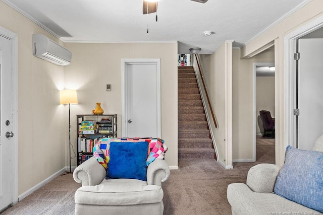 6407 Kimridge Rd, Fayetteville, NC 28314 - sitting room featuring a ceiling fan, a wall unit AC, stairway, crown molding, and carpet flooring