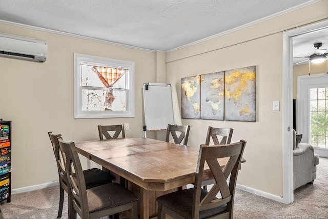 6407 Kimridge Rd, Fayetteville, NC 28314 - dining area featuring carpet, baseboards, an AC wall unit, a textured ceiling, and crown molding