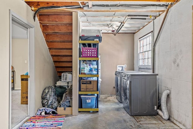 6407 Kimridge Rd, Fayetteville, NC 28314 - below grade area with washer and dryer, stairway, and concrete block wall