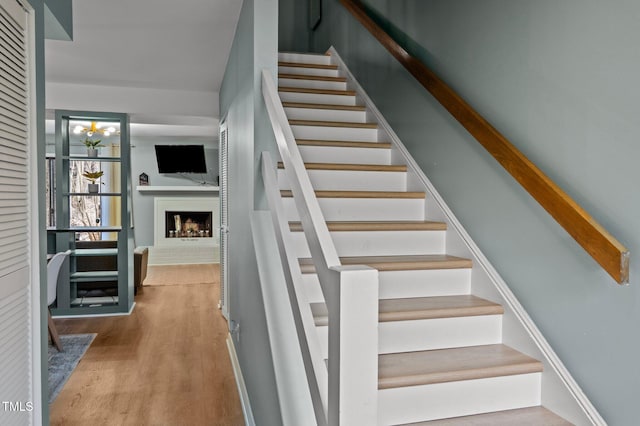 staircase featuring wood finished floors and a fireplace