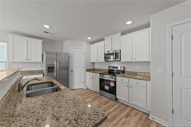 524 Mineral Spring Ln, Fuquay Varina, NC 27526 - kitchen with visible vents, white cabinetry, a sink, and appliances with stainless steel finishes