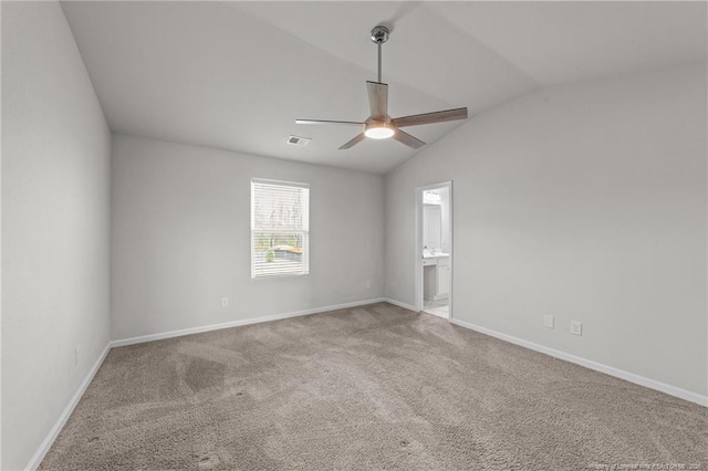 524 Mineral Spring Ln, Fuquay Varina, NC 27526 - carpeted empty room with visible vents, baseboards, lofted ceiling, and ceiling fan