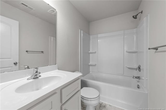 524 Mineral Spring Ln, Fuquay Varina, NC 27526 - bathroom featuring toilet, vanity, washtub / shower combination, marble finish floor, and visible vents