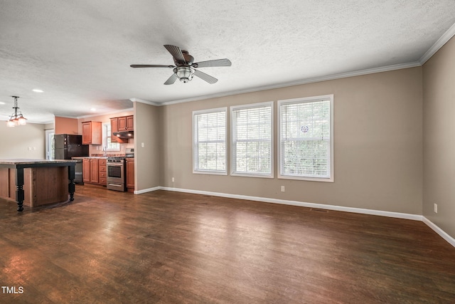 234 Rolling Hills Rd, Skipwith, VA 23968 - unfurnished living room featuring baseboards, dark wood-style flooring, ceiling fan, a textured ceiling, and crown molding