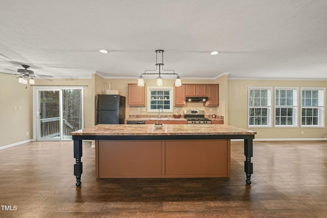 234 Rolling Hills Rd, Skipwith, VA 23968 - kitchen with a kitchen bar, under cabinet range hood, a sink, freestanding refrigerator, and gas stove