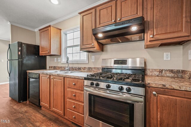 234 Rolling Hills Rd, Skipwith, VA 23968 - kitchen featuring ornamental molding, a sink, black appliances, dark wood-type flooring, and under cabinet range hood