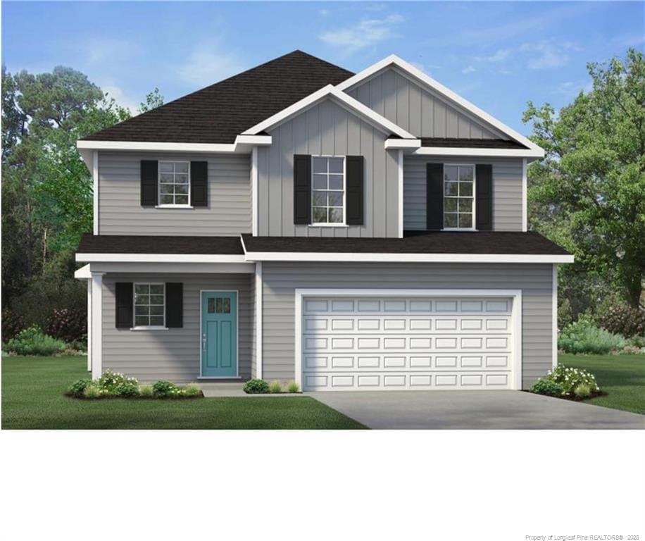 3839 Hatteras Ct, Fayetteville, NC 28312 - view of front of home with a garage, a front lawn, board and batten siding, and concrete driveway