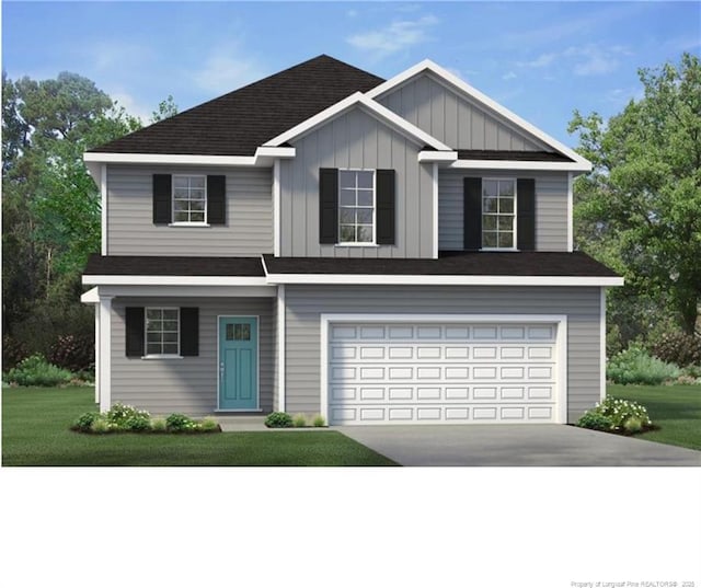 3839 Hatteras Ct, Fayetteville, NC 28312 - view of front of home with a garage, a front lawn, board and batten siding, and concrete driveway