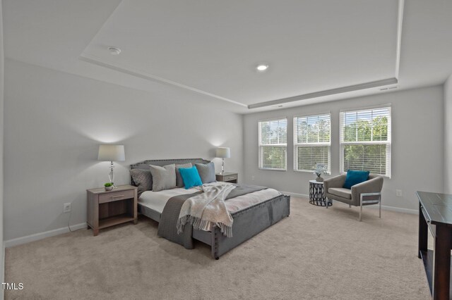 carpeted bedroom with a raised ceiling and baseboards
