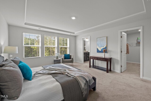bedroom featuring a raised ceiling, light colored carpet, and baseboards