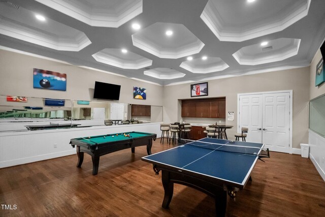 game room featuring crown molding, coffered ceiling, billiards table, dark wood finished floors, and recessed lighting