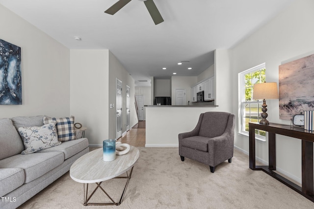 2713 Wyntercrest Ln, Durham, NC 27713 - living room with baseboards, light carpet, a ceiling fan, and recessed lighting