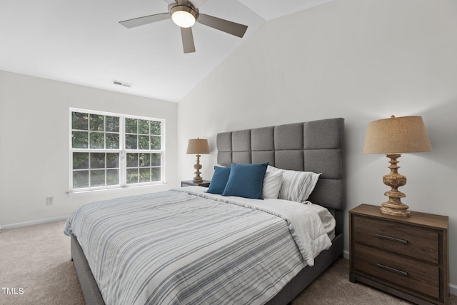 2713 Wyntercrest Ln, Durham, NC 27713 - bedroom featuring a ceiling fan, visible vents, baseboards, lofted ceiling, and carpet flooring