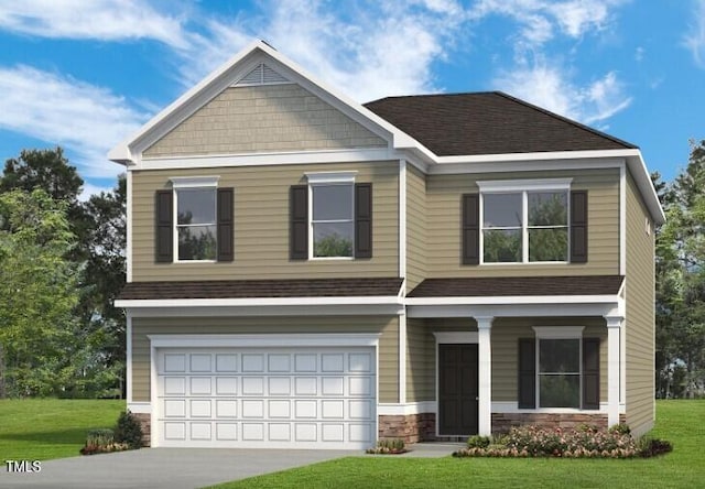 4867 Pioneer Dr, Sanford, NC 27330 - craftsman inspired home featuring a front yard, an attached garage, a porch, stone siding, and driveway