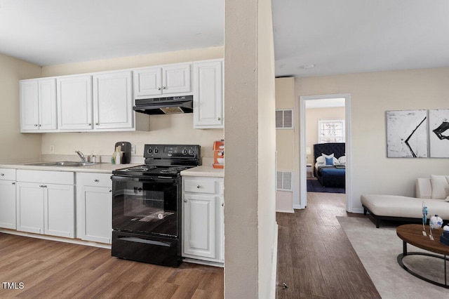 158 Torain St, Hillsborough, NC 27278 - kitchen featuring black electric range, under cabinet range hood, wood finished floors, and a sink