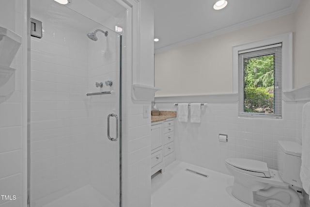 3915 Nottaway Rd, Durham, NC 27707 - bathroom featuring crown molding, toilet, a shower stall, a wainscoted wall, and recessed lighting