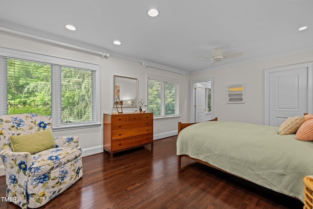 3915 Nottaway Rd, Durham, NC 27707 - bedroom with wood finished floors, ornamental molding, baseboards, recessed lighting, and ceiling fan