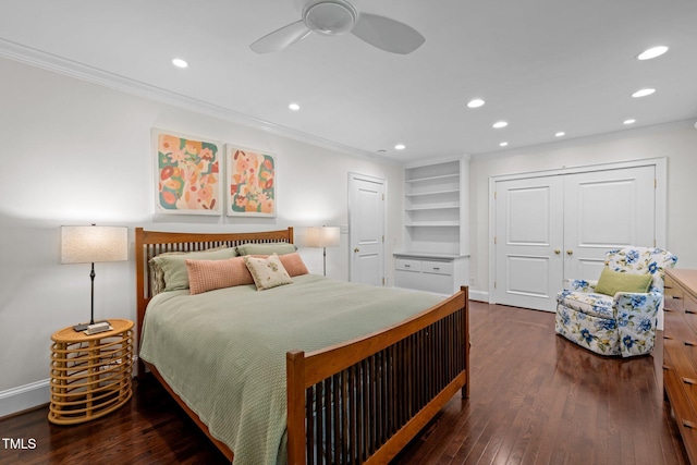 3915 Nottaway Rd, Durham, NC 27707 - bedroom featuring crown molding, recessed lighting, wood finished floors, a ceiling fan, and a closet