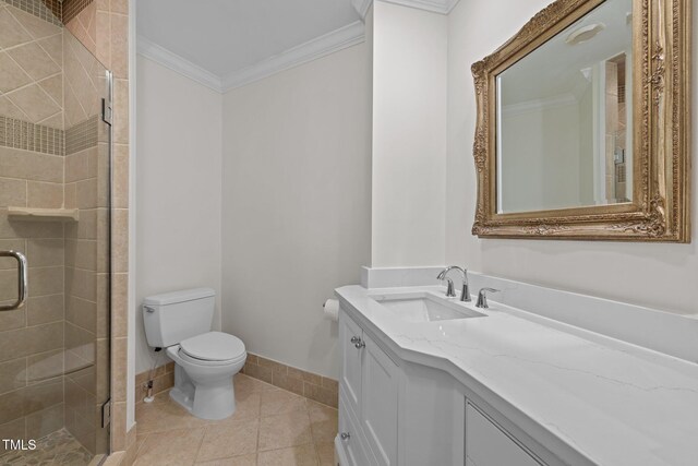 3915 Nottaway Rd, Durham, NC 27707 - full bathroom with vanity, ornamental molding, a shower stall, toilet, and tile patterned flooring