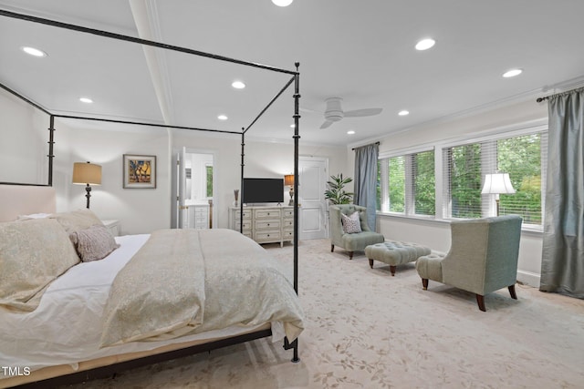 3915 Nottaway Rd, Durham, NC 27707 - bedroom featuring recessed lighting, crown molding, carpet floors, and connected bathroom