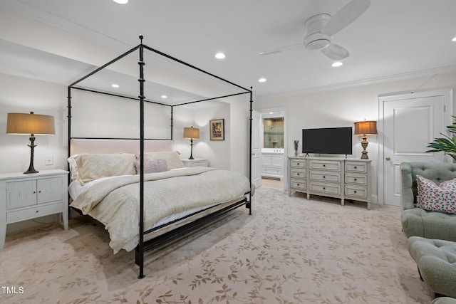 3915 Nottaway Rd, Durham, NC 27707 - bedroom featuring ornamental molding, recessed lighting, ensuite bathroom, and a ceiling fan