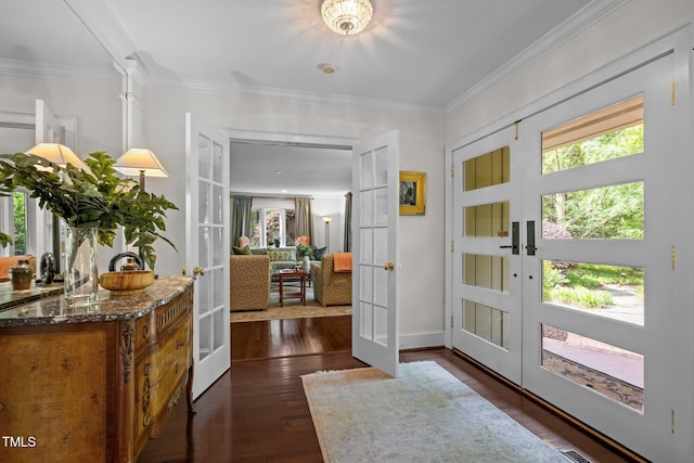 3915 Nottaway Rd, Durham, NC 27707 - foyer with french doors, healthy amount of natural light, dark wood-style floors, crown molding, and baseboards