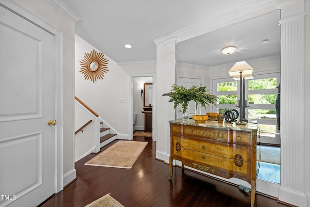 3915 Nottaway Rd, Durham, NC 27707 - hall featuring wood finished floors, stairway, baseboards, recessed lighting, and crown molding