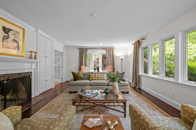 3915 Nottaway Rd, Durham, NC 27707 - living room with baseboards, wood finished floors, crown molding, and a high end fireplace
