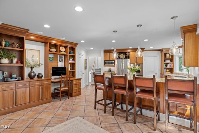 3915 Nottaway Rd, Durham, NC 27707 - dining room with an office area, crown molding, recessed lighting, light tile patterned flooring, and stairway