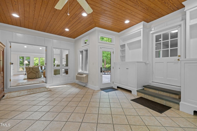 3915 Nottaway Rd, Durham, NC 27707 - entrance foyer featuring crown molding, wood ceiling, light tile patterned flooring, recessed lighting, and a ceiling fan