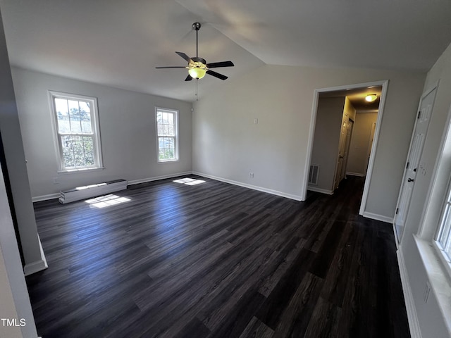 unfurnished room with visible vents, lofted ceiling, ceiling fan, dark wood-type flooring, and baseboard heating