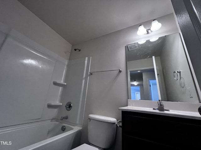full bathroom with toilet, bathtub / shower combination, and vanity