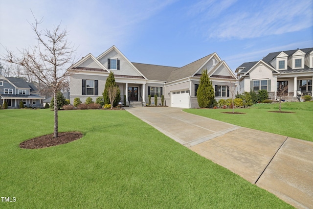 301 Rocking Ranch Ct, Cary, NC 27519 - craftsman-style house with concrete driveway, an attached garage, a front lawn, and stone siding