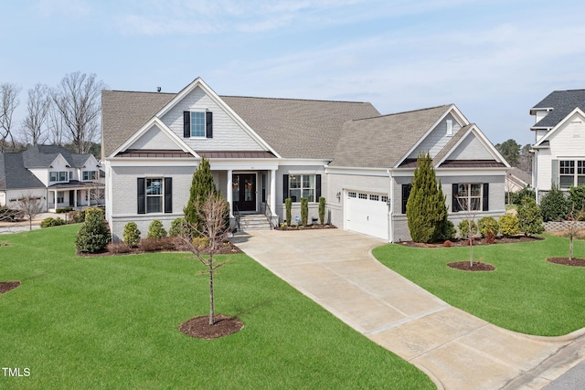 301 Rocking Ranch Ct, Cary, NC 27519 - craftsman house featuring concrete driveway, an attached garage, a standing seam roof, a front lawn, and a shingled roof