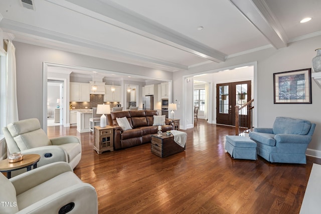 301 Rocking Ranch Ct, Cary, NC 27519 - living area with beam ceiling, wood finished floors, crown molding, french doors, and recessed lighting