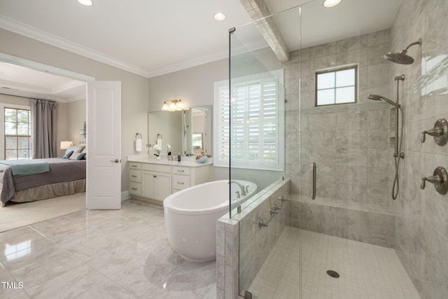 301 Rocking Ranch Ct, Cary, NC 27519 - full bathroom featuring a stall shower, a freestanding tub, connected bathroom, vanity, and healthy amount of natural light