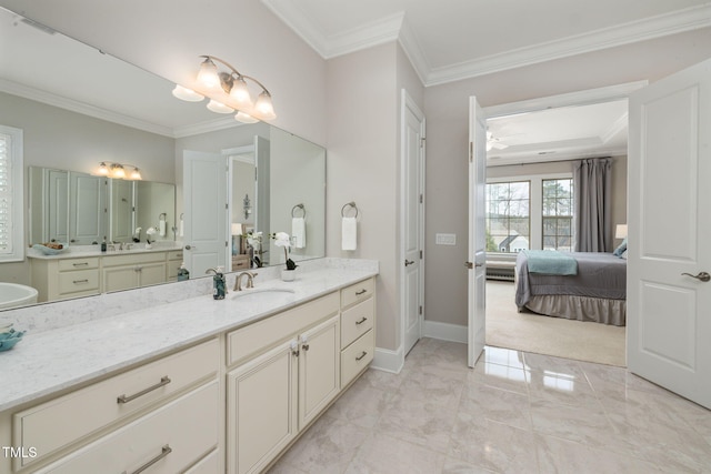301 Rocking Ranch Ct, Cary, NC 27519 - full bathroom with ornamental molding, connected bathroom, vanity, and marble finish floors
