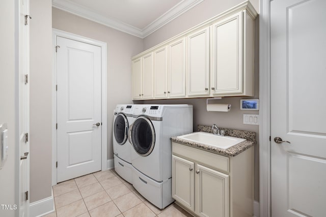 301 Rocking Ranch Ct, Cary, NC 27519 - laundry room with separate washer and dryer, cabinet space, crown molding, and light tile patterned flooring