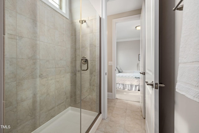 301 Rocking Ranch Ct, Cary, NC 27519 - ensuite bathroom featuring a shower stall, crown molding, and tile patterned flooring