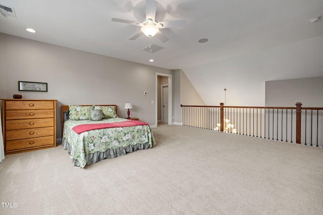 301 Rocking Ranch Ct, Cary, NC 27519 - carpeted bedroom with lofted ceiling, recessed lighting, and ceiling fan