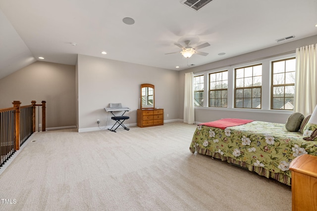 301 Rocking Ranch Ct, Cary, NC 27519 - bedroom with carpet flooring, vaulted ceiling, recessed lighting, and a ceiling fan