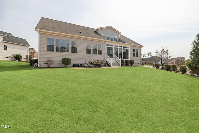 301 Rocking Ranch Ct, Cary, NC 27519 - rear view of house featuring a yard, a sunroom, crawl space, and a patio
