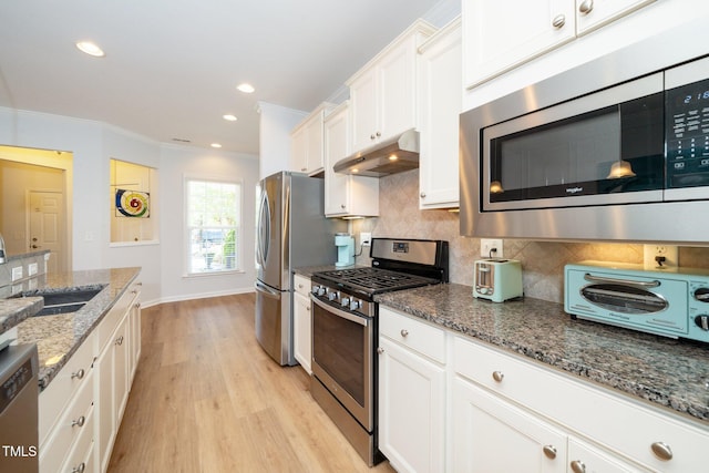 kitchen featuring ornamental molding, under cabinet range hood, a sink, light wood finished floors, and stainless steel appliances