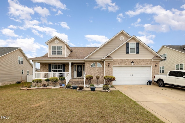 8404 Frenchorn Ln, Fayetteville, NC 28314 - view of front of home with a front yard, a porch, an attached garage, concrete driveway, and brick siding