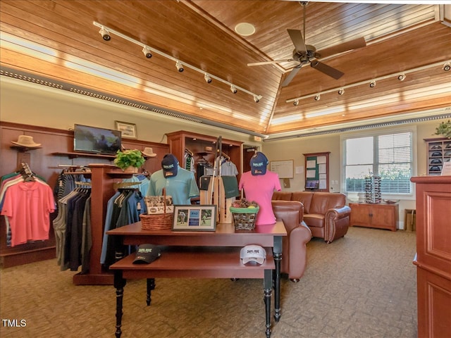 829 Chapel Ridge Dr, Pittsboro, NC 27312 - interior space featuring rail lighting, wooden ceiling, lofted ceiling, and ceiling fan