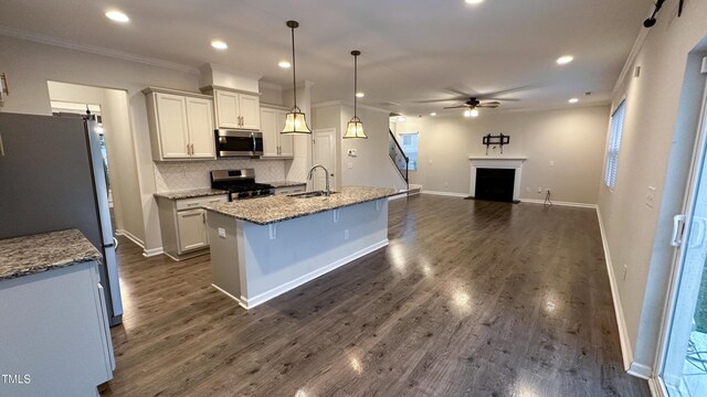 49 W Copenhaver Dr, Clayton, NC 27527 - kitchen with stainless steel appliances, a sink, ceiling fan, crown molding, and a fireplace with flush hearth